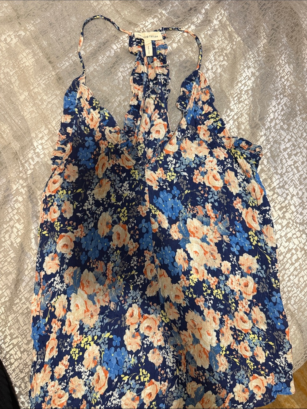 Rebecca Taylor Navy Floral Halter Camisole with Peach & Blue Blooms